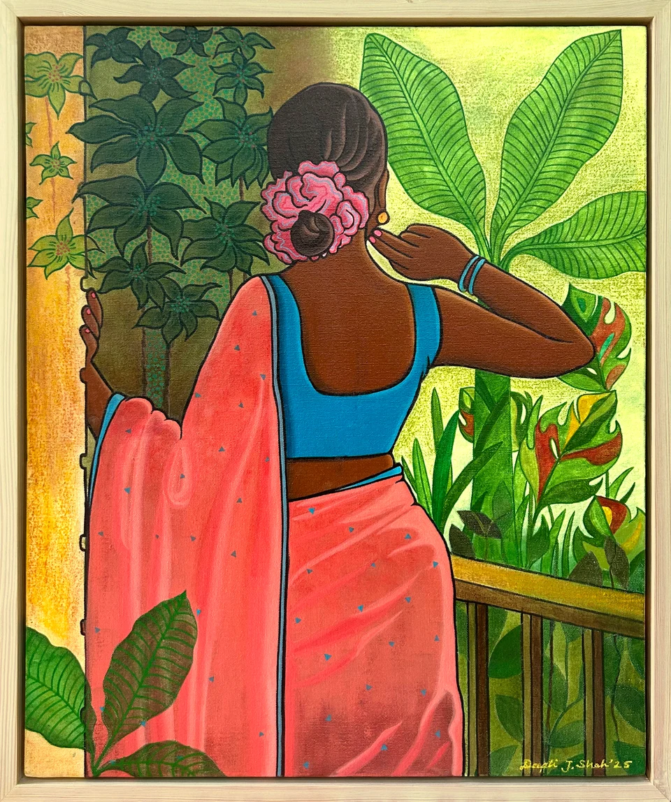 Morning Breeze by Deepti J. Shah — A figure in a peach saree and blue blouse stands on a balcony amid dense greenery.