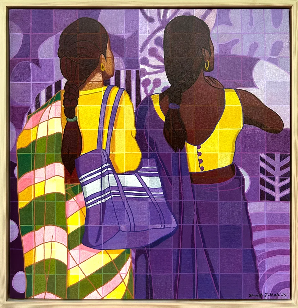 Everyday Bonds by Deepti J. Shah — Two figures are seen from behind, their braids, sarees and shoulder bags set against a predominantly purple composition.