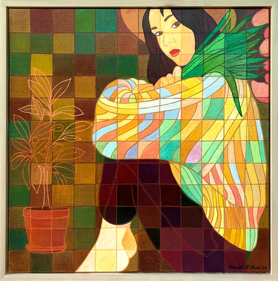 Warm Silence by Deepti J. Shah — A seated figure draws her knees close, wearing a patchwork-patterned sweater.