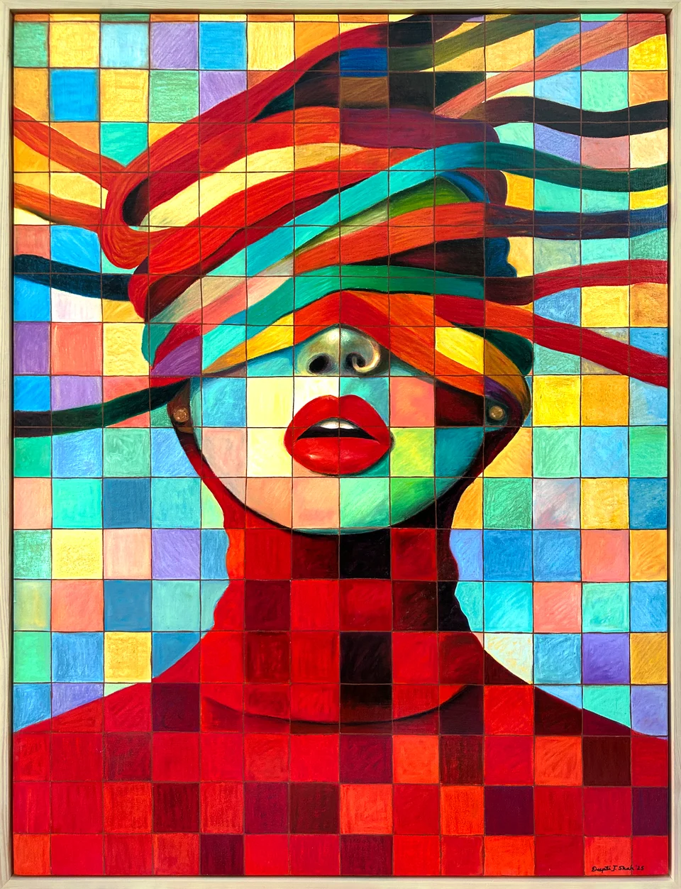 Unseen, Yet Expressed by Deepti J. Shah — Bands of colour pass across a face within a field of vibrant squares.