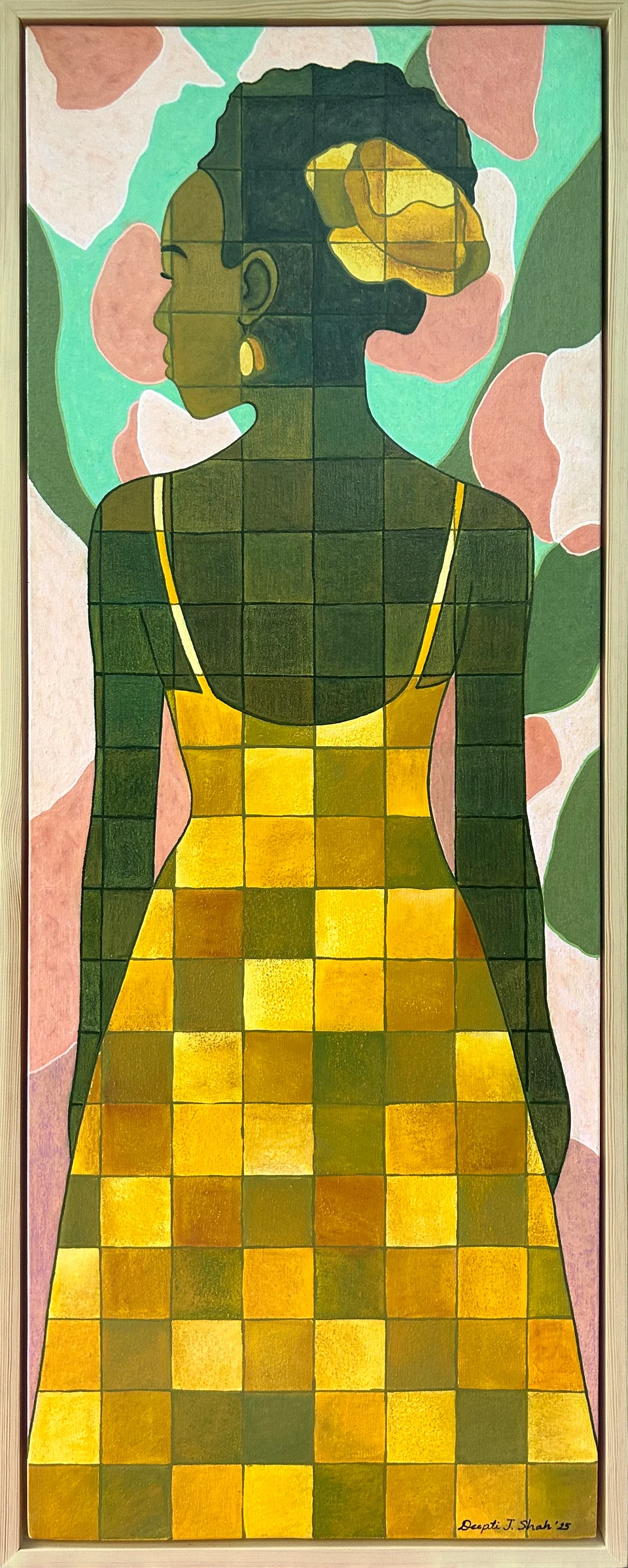 Elegance in Yellow by Deepti J. Shah — A silhouetted figure wears a yellow checked dress and a large flower in her hair.