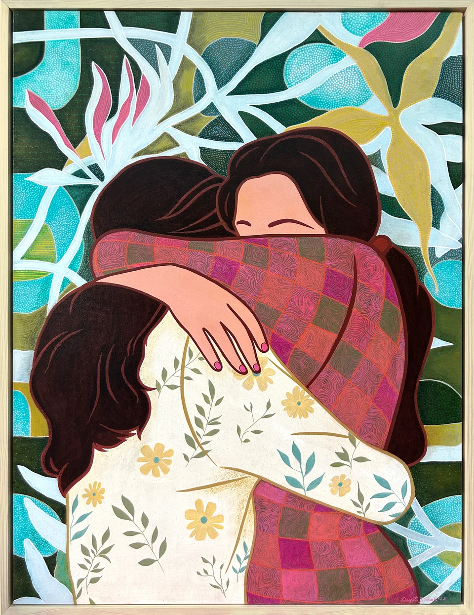 Hold by Deepti J. Shah — Two figures are held in an embrace against a background of flowers and leaves.