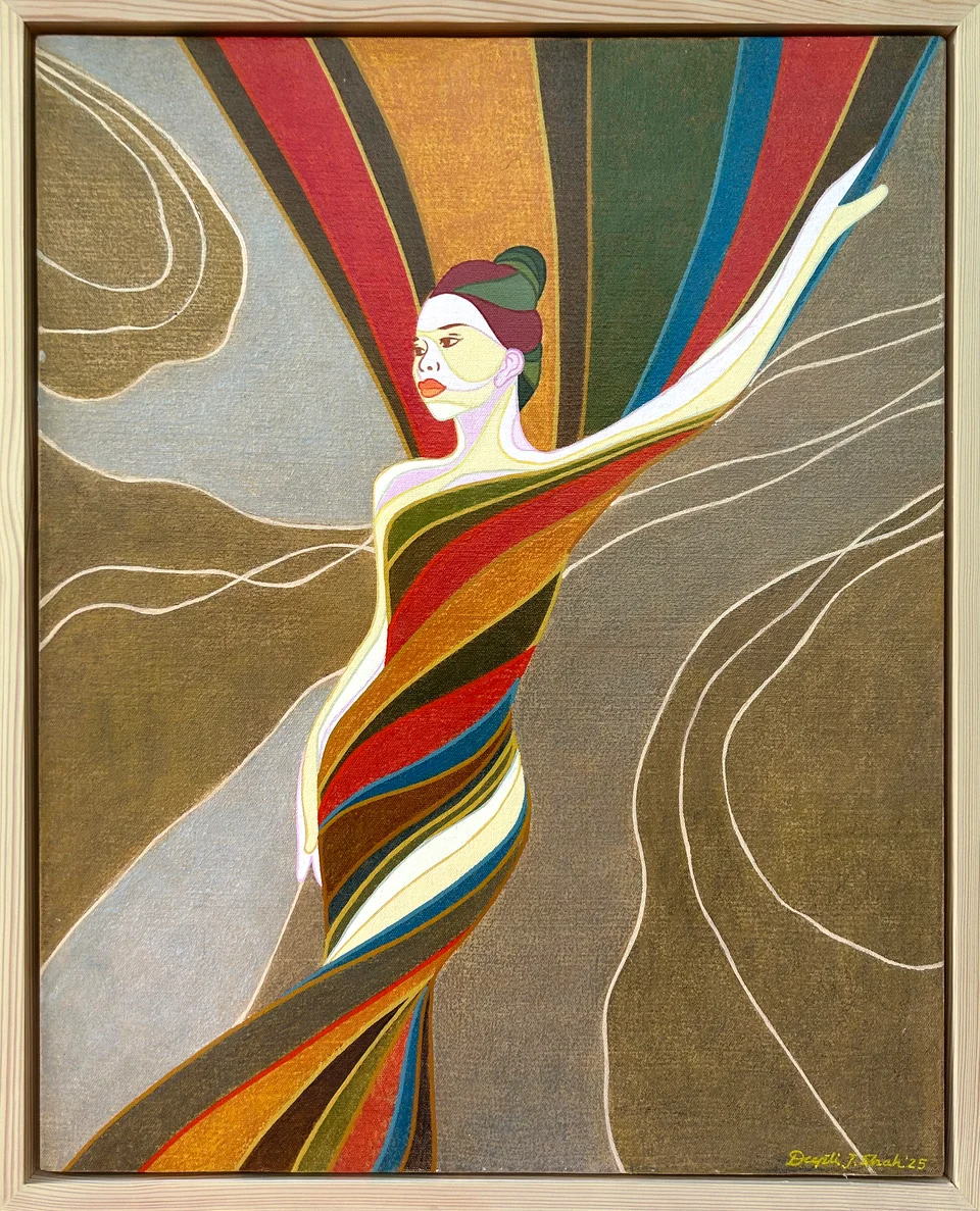 Flow by Deepti J. Shah — A figure is interwoven with sweeping ribbons of colour against an earthy ground.