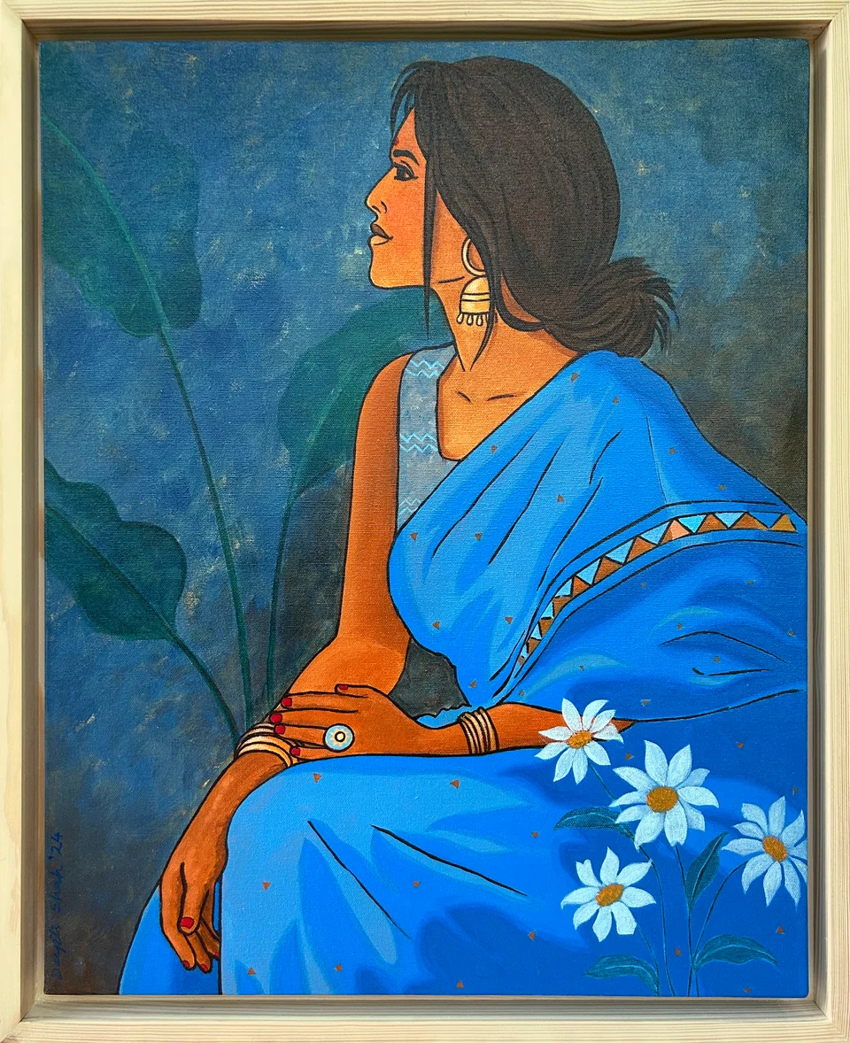 In Blue Stillness by Deepti J. Shah — A seated figure in a blue saree looks to one side, surrounded by floral forms and an earthy background.