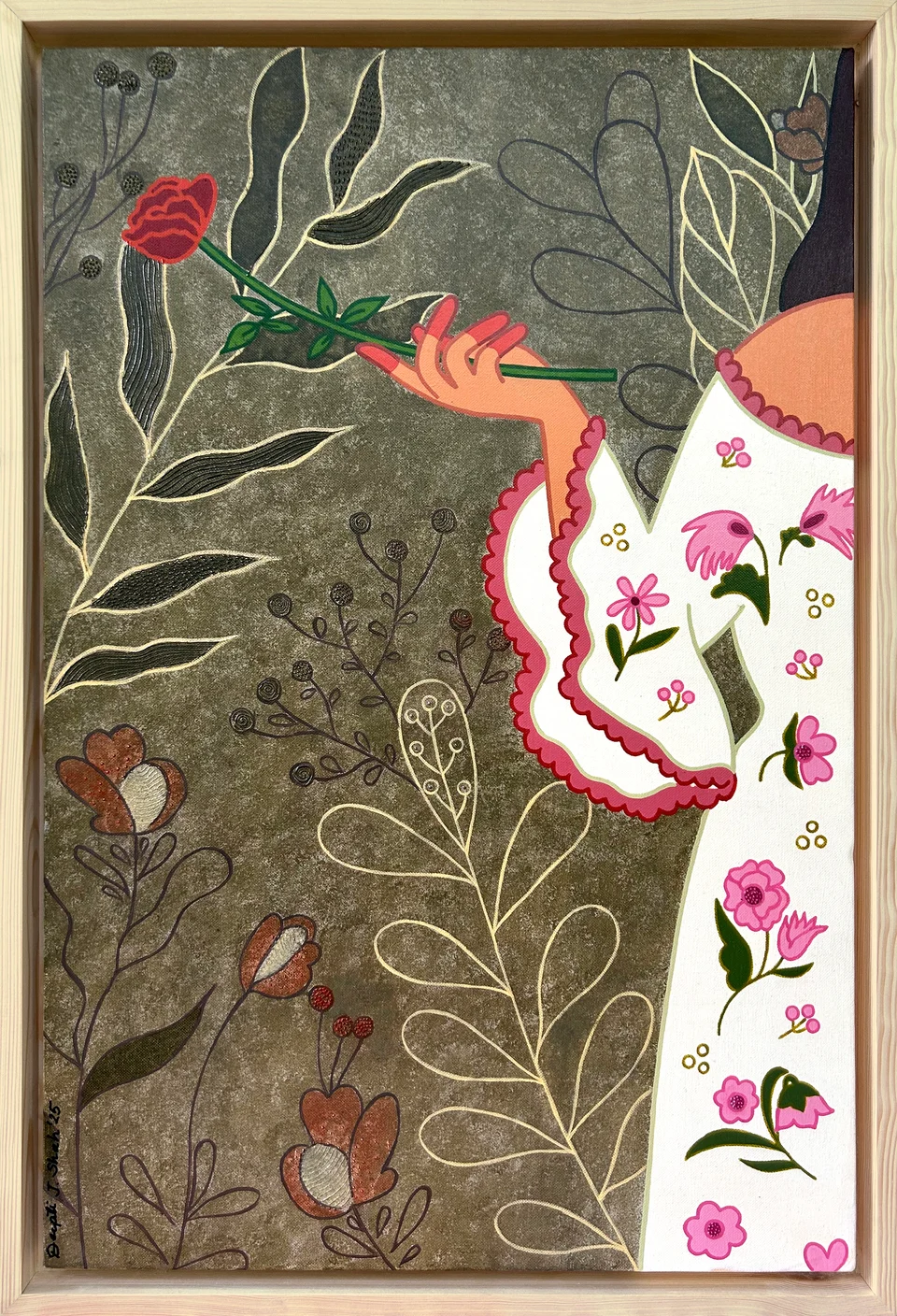 Whispering Petals by Deepti J. Shah — A hand holds a single red flower beside a patterned sleeve.