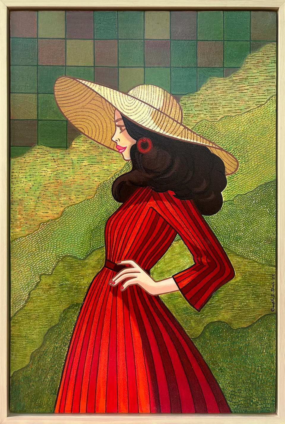 The Red Dress by Deepti J. Shah — A figure in a red dress and wide-brimmed hat stands against a patterned green background.
