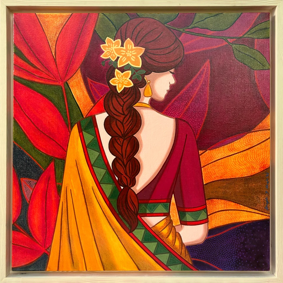 Braided Grace by Deepti J. Shah — A figure in a saree is seen from behind, with flowers woven into a long braid.