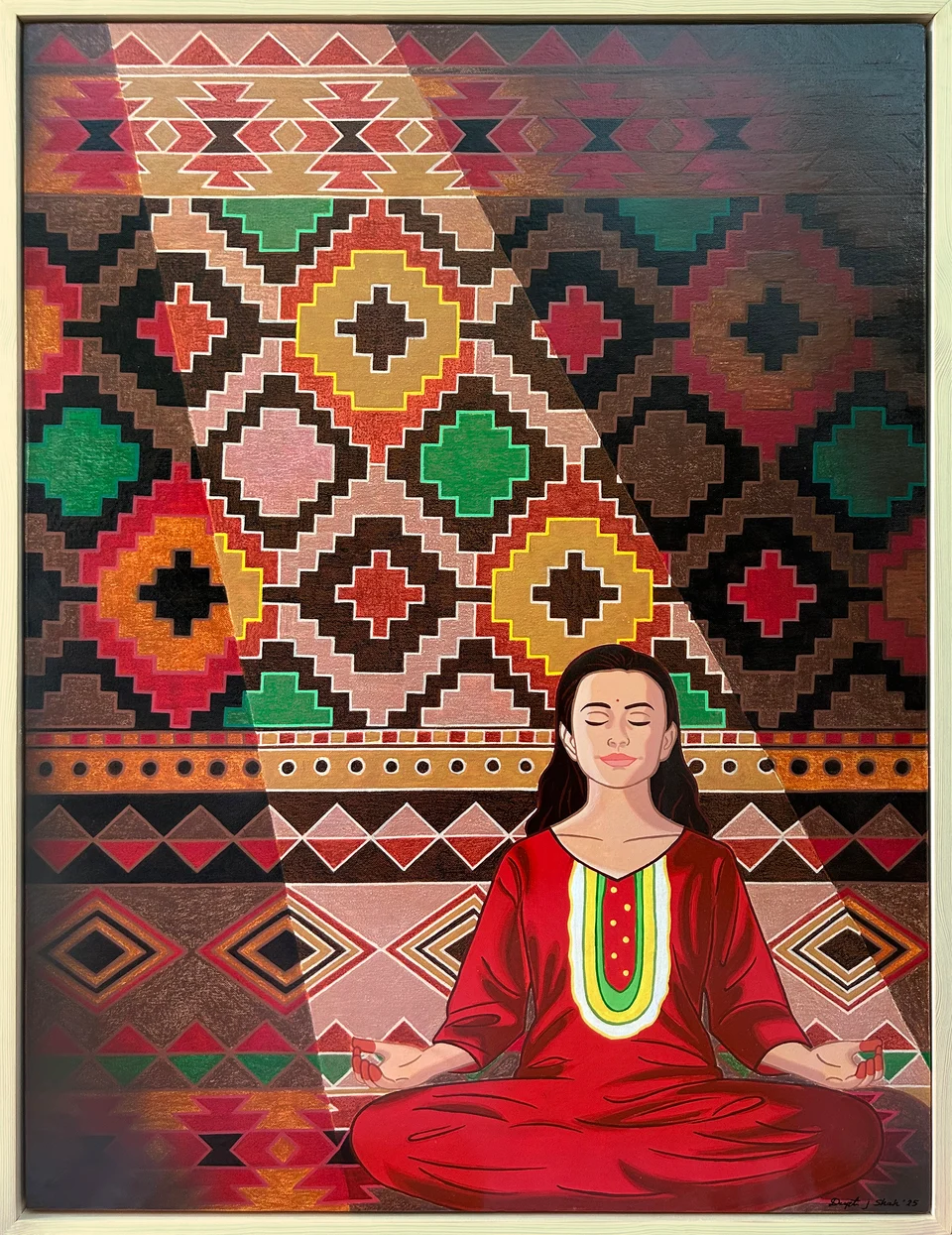 Inner Stillness by Deepti J. Shah — A figure in red sits cross-legged against a geometric, tapestry-like background.