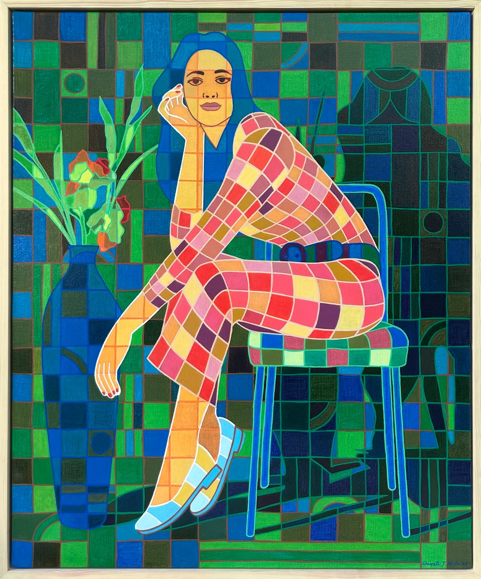Daydreamer by Deepti J. Shah — A figure in checked clothing rests her chin on her hand beside a potted plant.