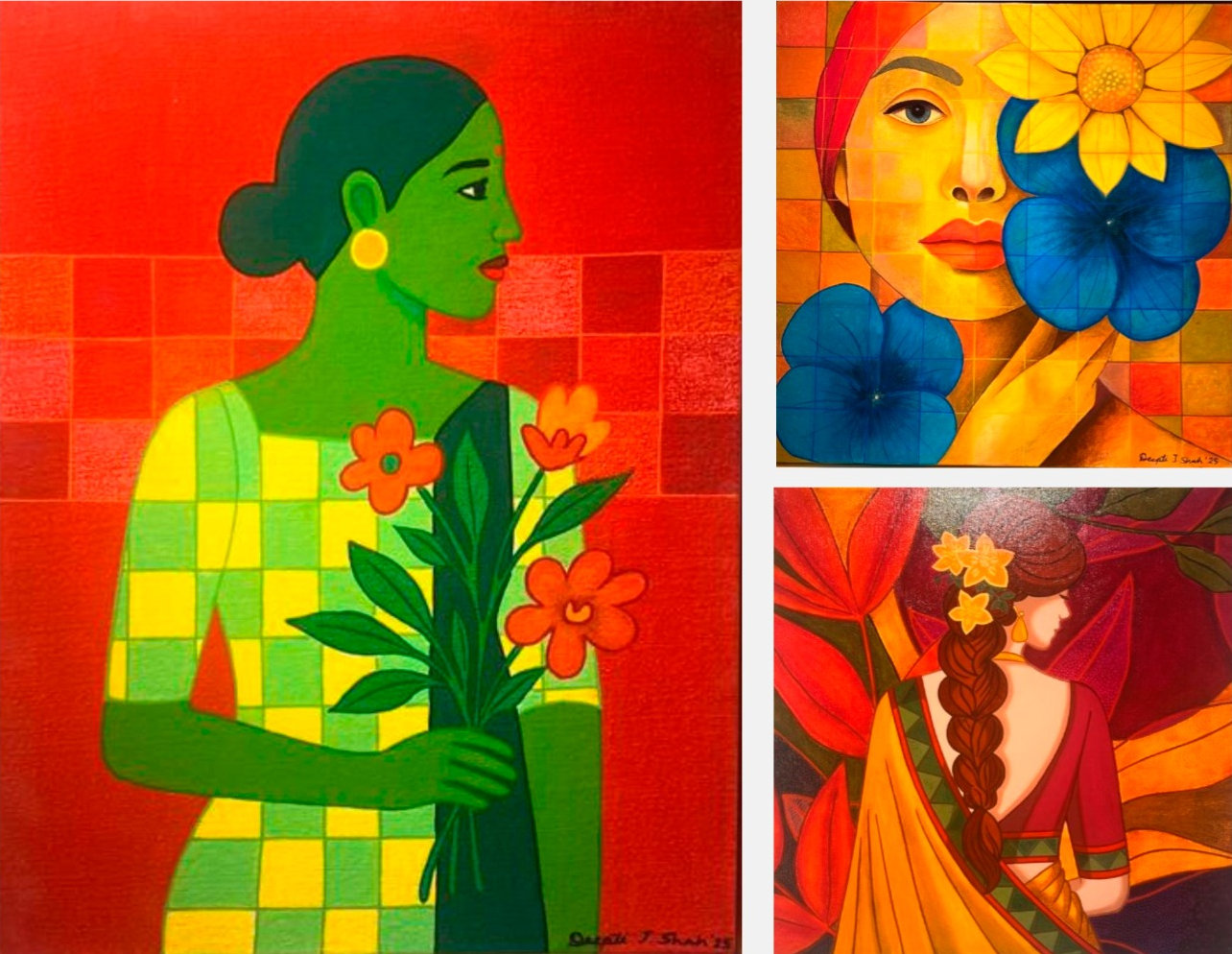 Three contemporary paintings reproduced in Chitrarang’s Women’s Voice in Silence exhibition feature: a green figure with flowers and two floral portraits.