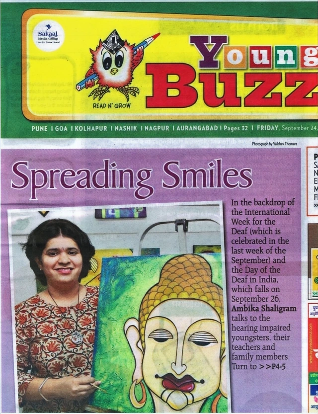 Sakal Media Group Young Buzz archival cover headed Spreading Smiles, showing Deepti holding a painted canvas. The visible date reads Friday, September 24; the year is cropped and unverified.