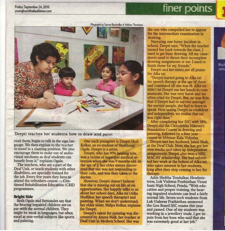 Upper-page excerpt from Sakal Times dated Friday 24 September 2010, showing Deepti teaching drawing and painting and the accompanying report.